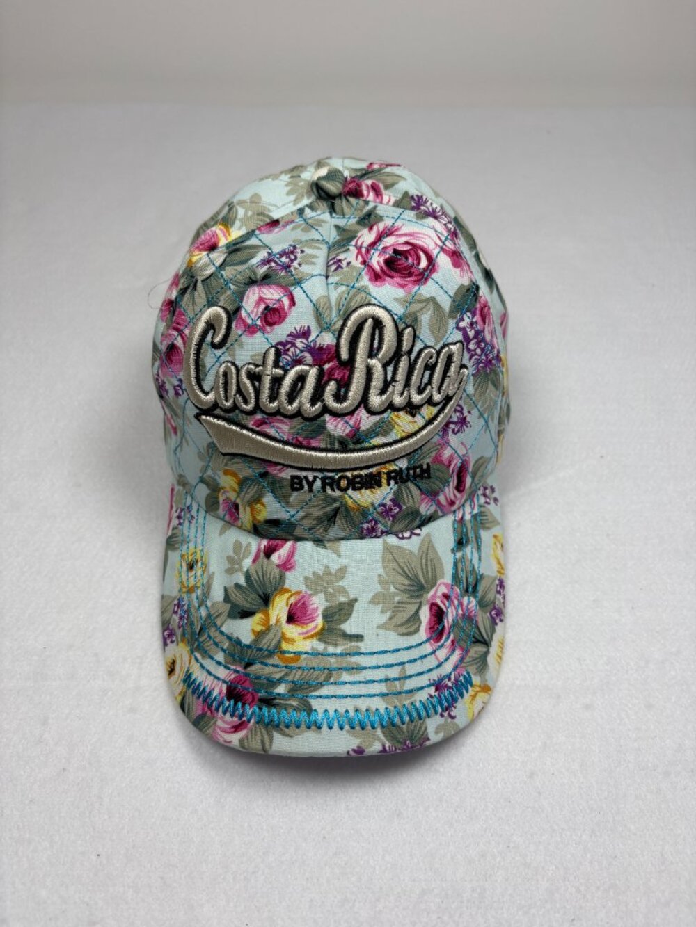 Robin Ruth Costa Rica Floral Quilted Baseball Hat Cap Blue Pink Souvenir Chic
